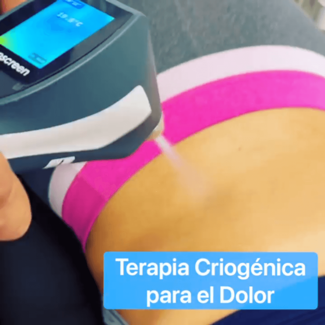 Close-up of cryotherapy device applying cold treatment to lower back for pain relief at Cibibe Beauty & Health.